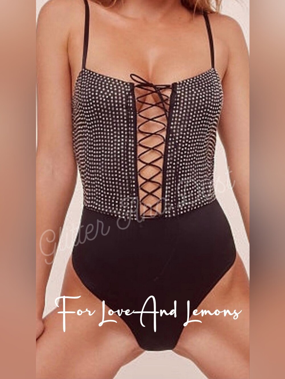 For Love And Lemons Mirage Mirrored Black Bodysuit.